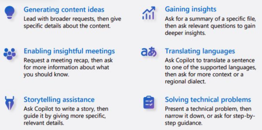 Examples of more Copilot Prompts you might use, such as Generate content ideas or Enable meeting insights